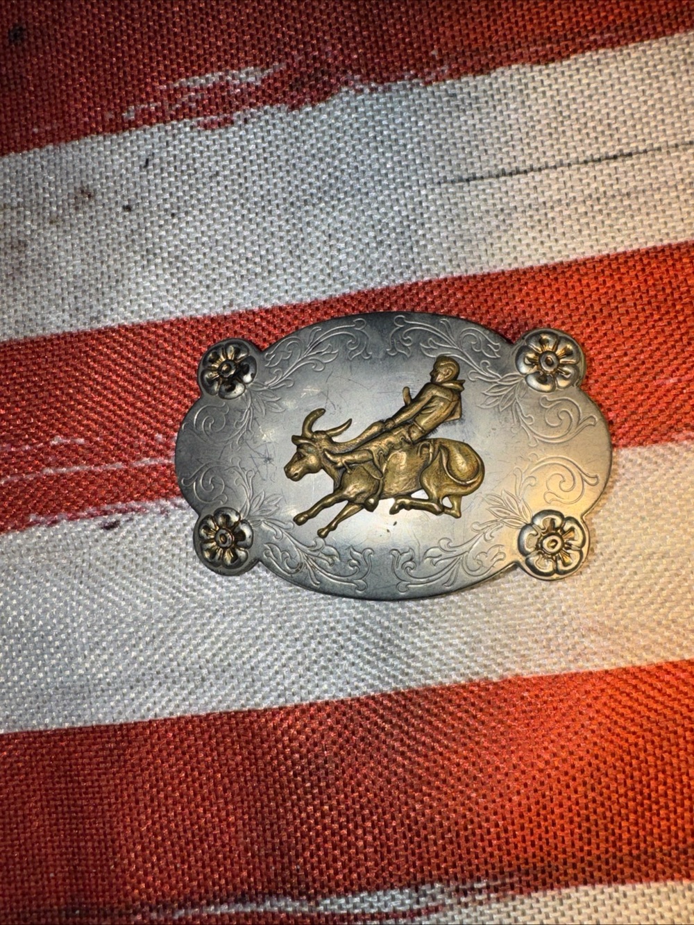 Vintage Western Rodeo Bull Rider Belt Buckle - Silver & Brass Tones